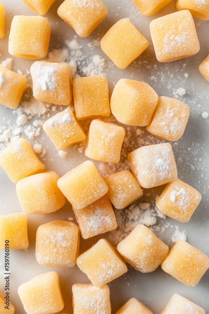 Scattered raw gnocchi against a white backdrop