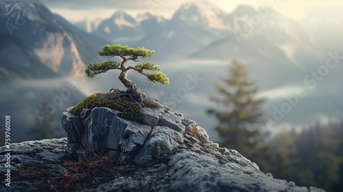 A bonsai tree on a cliff overlooking misty mountains