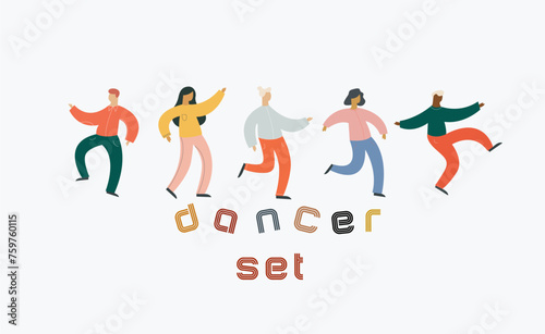 Collection of dancers. Male and female characters. A group of happy dancing people.  Cartoon flat vector illustration of dancing people