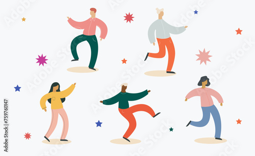 Collection of dancers. Male and female characters. A group of happy dancing people. Cartoon flat vector illustration of dancing people