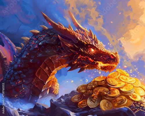 A dragon hoarding a treasure of digital coins © WARIT_S