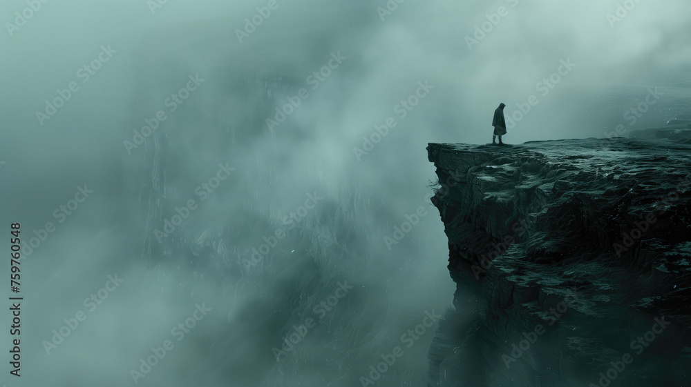 Mysterious figure on a foggy cliff