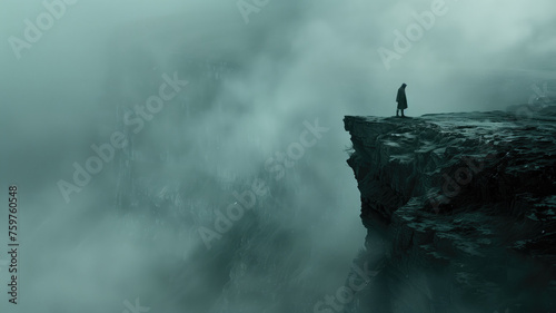 Mysterious figure on a foggy cliff