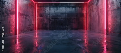 Dark concrete room interior background with neon lighting.