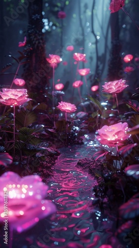 An enchanted garden where each flower blooms into a glowing digital coin photo