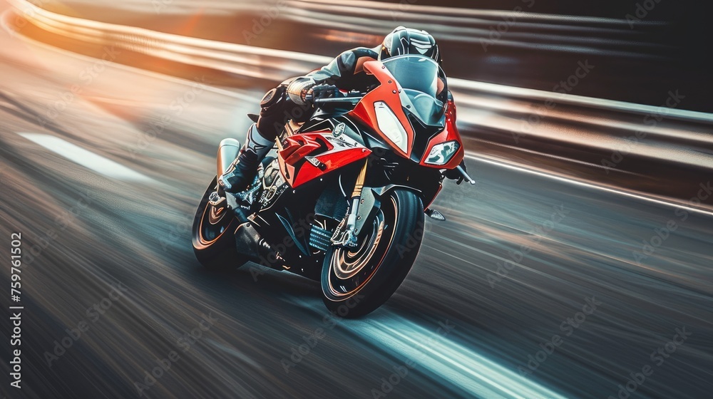 a motorcyclist speeding on a highway, leaning into a sharp corner with sporty precision, in a realistic photograph.