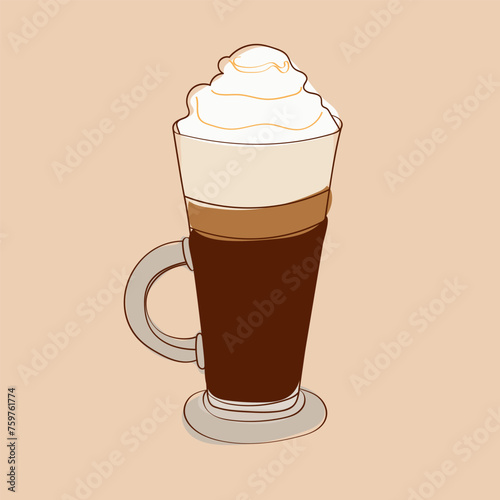 A cup of coffee with whipped cream piled on top, ready to be enjoyed by the viewer. The creamy texture of the whipped cream contrasts with the dark liquid below, creating an inviting appearance