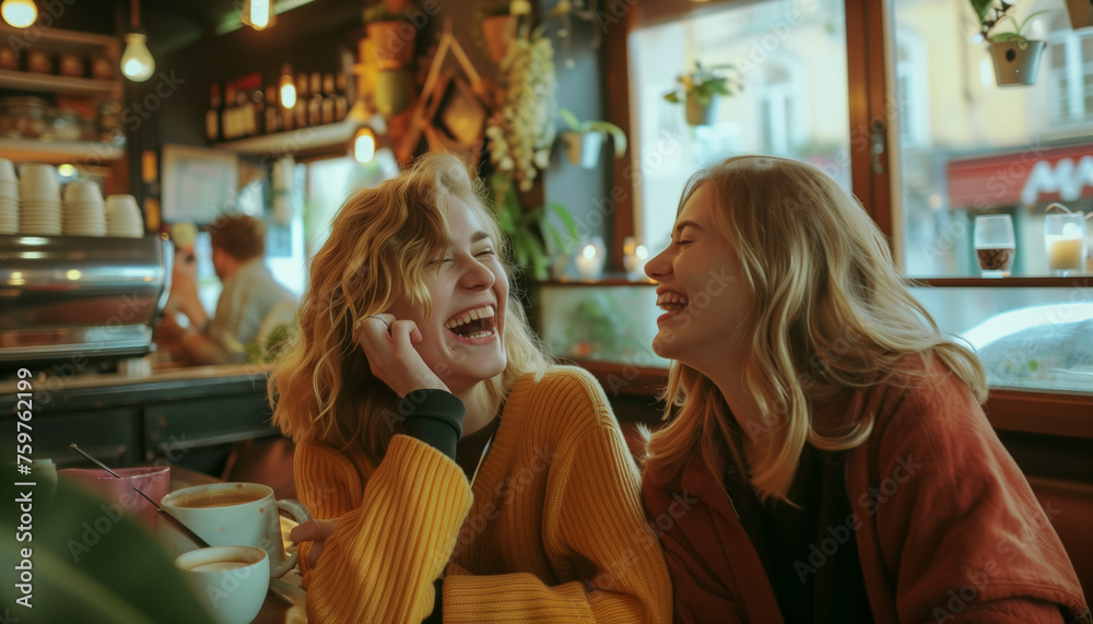 Fototapeta premium women, table, cafe, laughing, enjoying, company, drinking, coffee, potted, plants, background, sitting, two, friends, happy, conversation, together, leisure, relaxation, friendship, casual, joyful, in