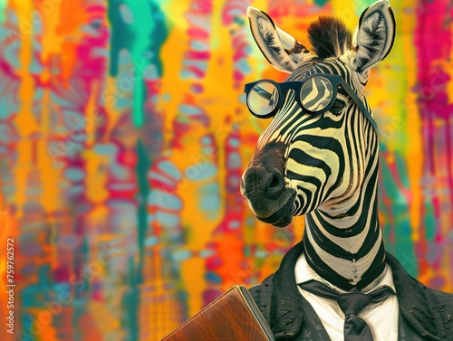 The Dapper Zebra  A whimsical portrayal of a zebra with a human body  dressed in a sophisticated suit and glasses  set against a vibrant  colorful graffiti background
