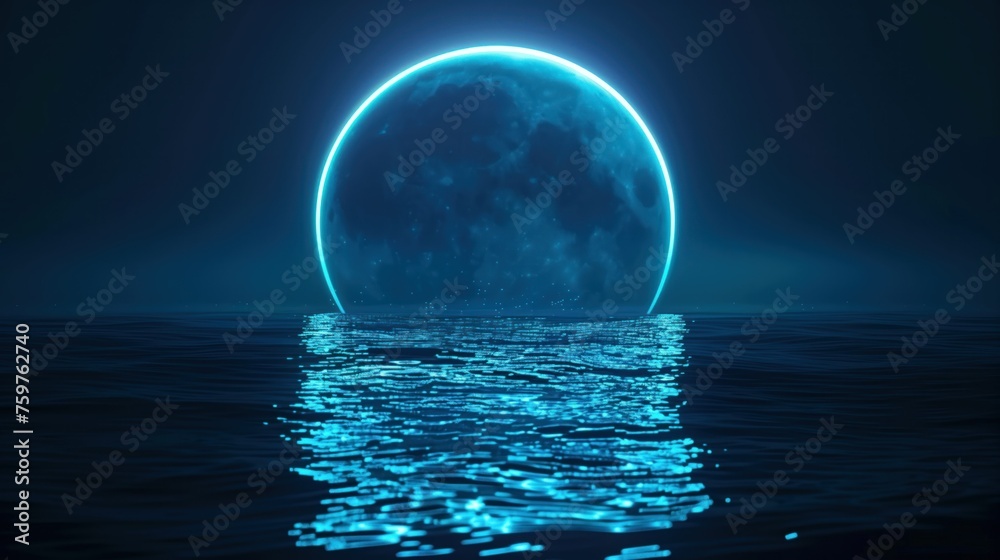 Moonrise over Tranquil Waters, A mesmerizing image of a giant moon rising above the horizon, encircled by a glowing neon light, reflecting on the calm ocean waters under the night sky - obrazy, fototapety, plakaty 