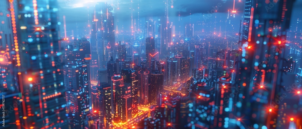 The City Digital Pulse, visualization of a city skyline at night, pulsating with neon lights and data streams, symbolizing the vibrant energy and connectivity of urban life in the digital age