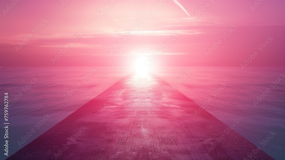 A Road Bathed in Sunset, A surreal image where a seemingly infinite road stretches into the luminous heart of a pink-hued sunset, symbolizing hope, direction, and the unknown journey ahead.
