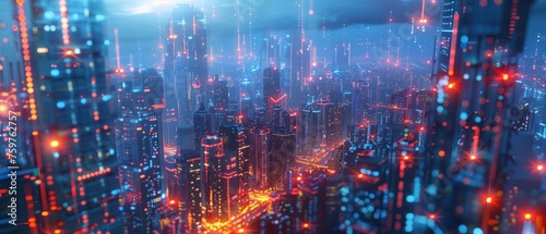 The City Digital Pulse, visualization of a city skyline at night, pulsating with neon lights and data streams, symbolizing the vibrant energy and connectivity of urban life in the digital age