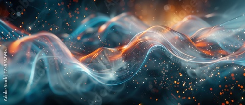 The Dance of Energies, This image captures a beautiful, abstract representation of energy flows, with waves of light and particles intertwining, reminiscent of a cosmic dance across the universe