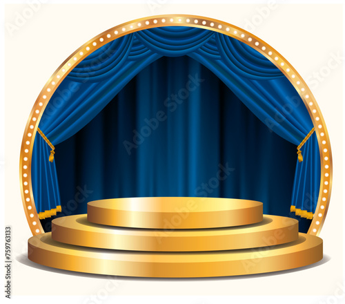 vector golden podium stage with blue curtain