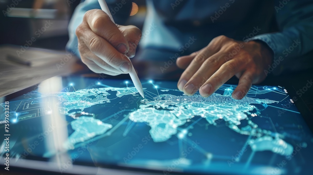 Global Market Insights Researcher Analyzing Economic Trends with Digital Tablet and Stylus