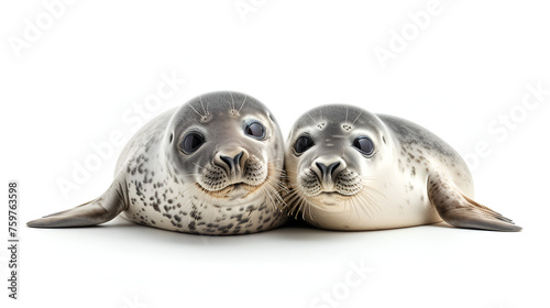 Two cute funny Common seals lying, looking at the camera isolated on white background. generative ai 