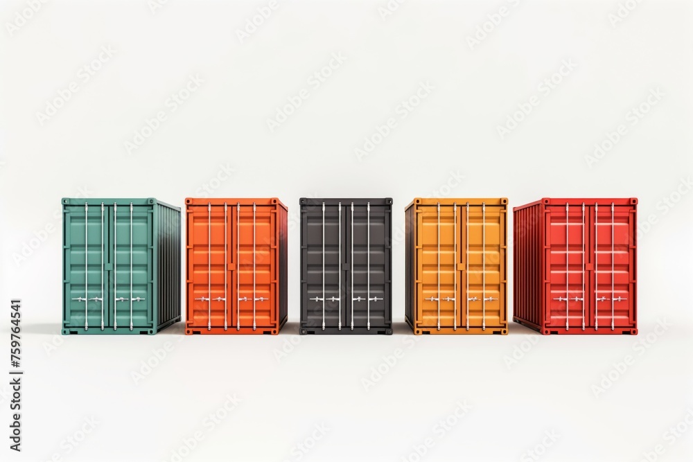 Obraz premium Five brightly colored freight containers in a row on a clean white backdrop