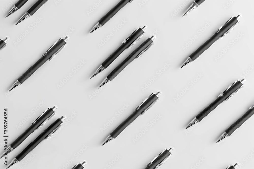 Flat lay photo of identical black pens arrayed neatly on a plain white surface