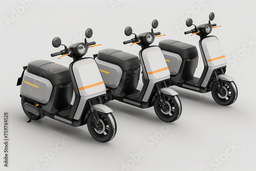 Three stylish electric scooters with a sleek design isolated on a white background photo