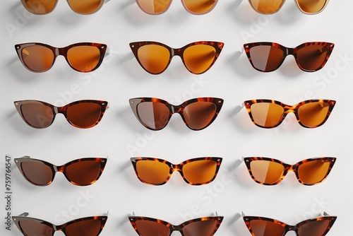 Variety of stylish tortoiseshell sunglasses displayed orderly on a white surface