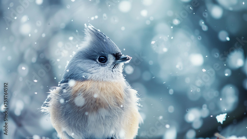 Winter’s Songbird: A Close-Up of a Tufted Titmouse in Snow