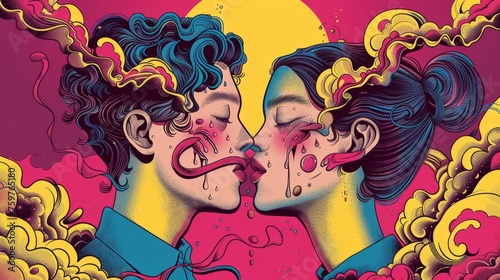 A surreal illustration with weird lovers kissing