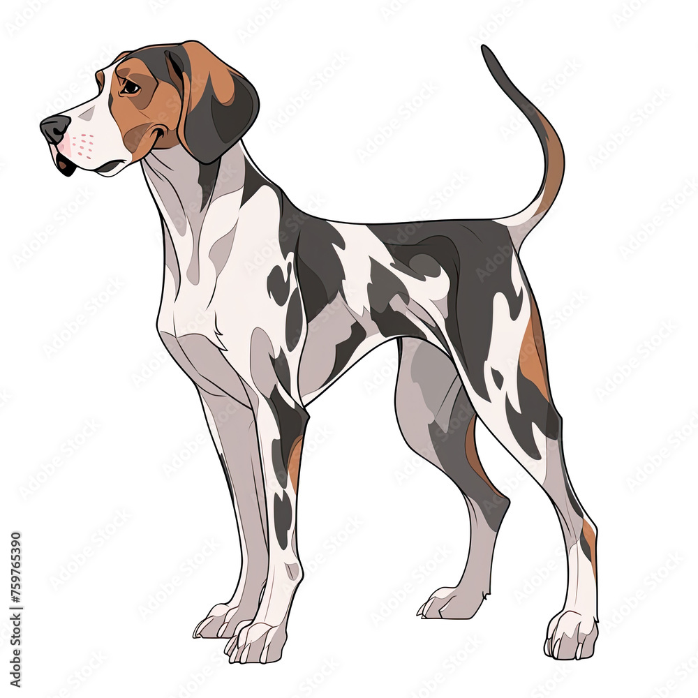 An illustration of a hound dog with a white body and black spots.