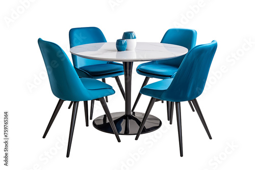 Modern dining set with blue nova chairs and white marble round table isolated on a transparent background