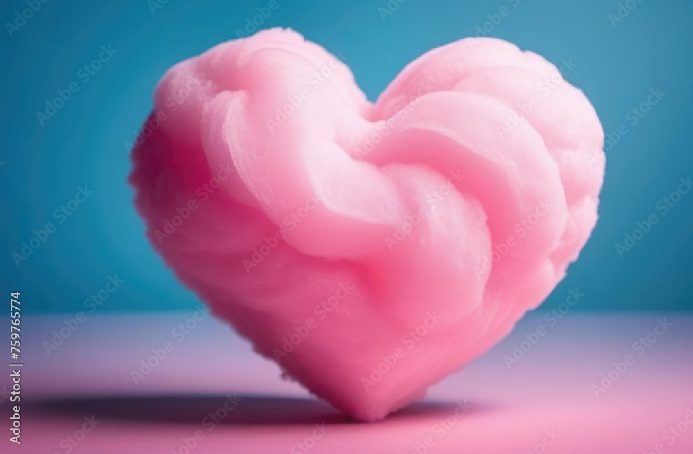 Volumetric cotton candy in the form of a large pink heart on a blue background Volumetric cotton candy in the form of a large pink heart on a blue background
