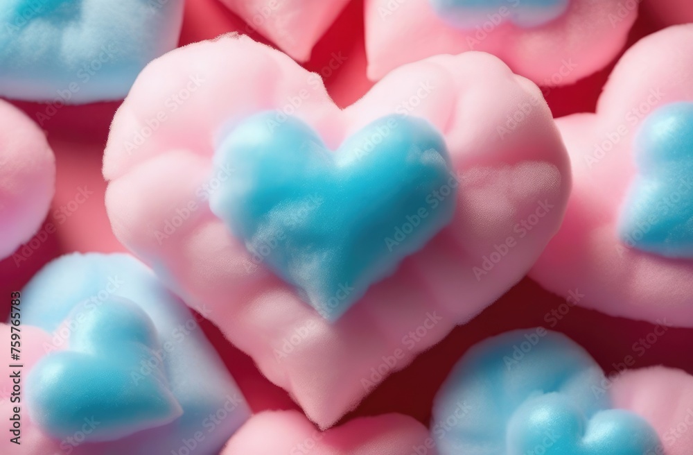 Fototapeta premium Cotton candy in the shape of a double heart in pink and blue on a monochromatic background