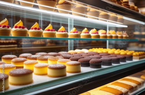 Glass counter of a pastry shop with various desserts