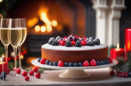 Table decorated for Christmas with cupcake and champagne by the fireplace