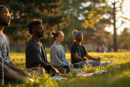 A group of friends practicing mindfulness exercises together in a park.Aa group of people are sitting on the grass in a park meditating photo