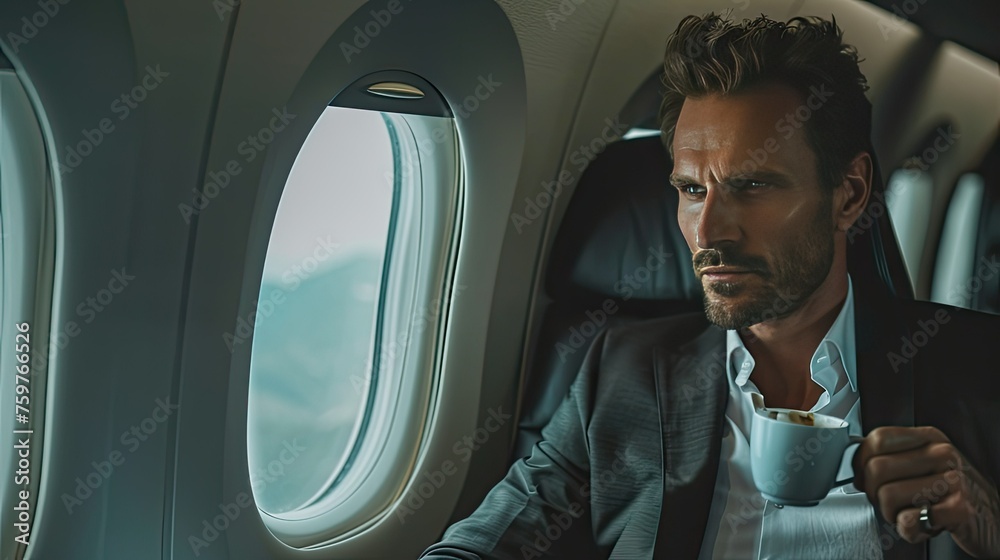 businessman with a cup of coffee in a natural pose and a sincere ...