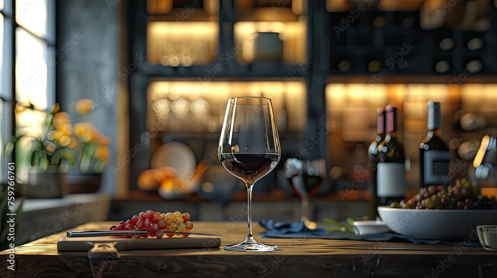 glass of wine and gourmet food framed in a natural and visually appealing way, taking into account factors such as lighting and composition