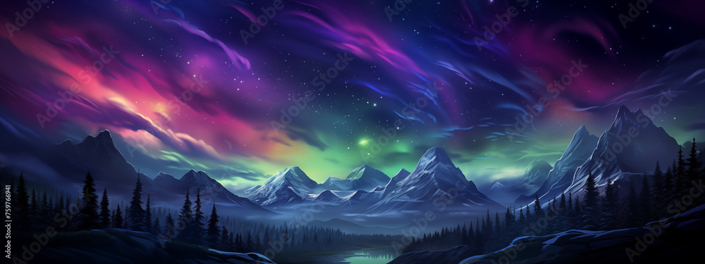 Vibrant Digital Aurora Over Mountainous Landscape