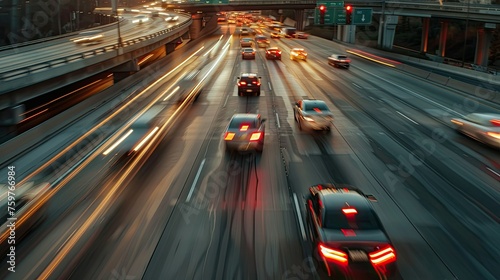 the movement of cars on the highway, creating a sense of speed and realism in the photo.