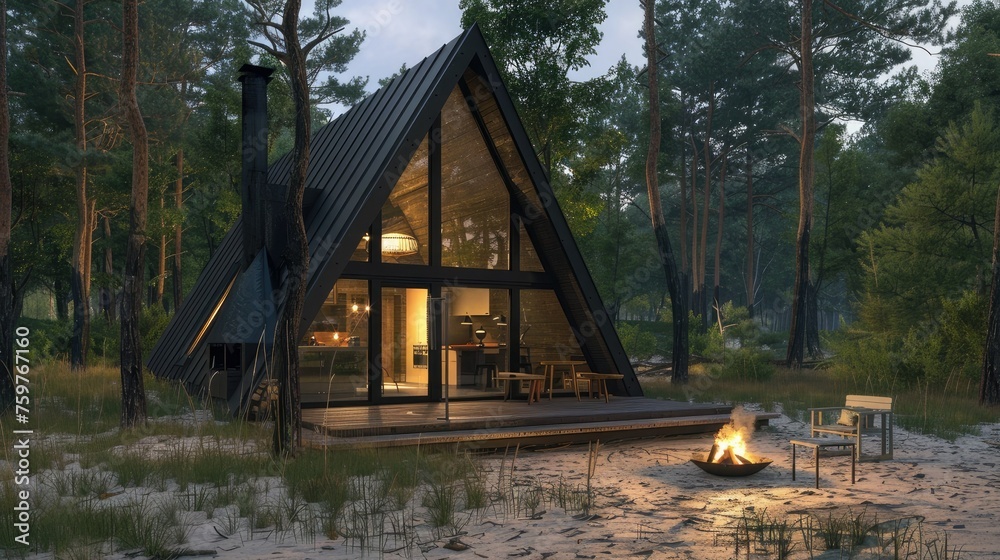 an A-frame house among a coniferous forest so that their foliage frames ...