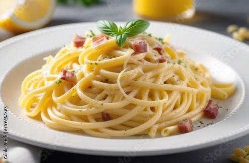 Fragrant carbonara pasta in a white vein with juice and a slice of lemon on a blurred background, photo for a restaurant menu
