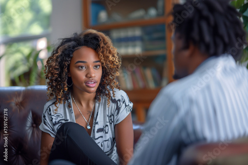 A therapist listening attentively to a patient during a counseling session. A black woman is sitting on a couch having a confidential conversation during a a session with male psychologist in the room
