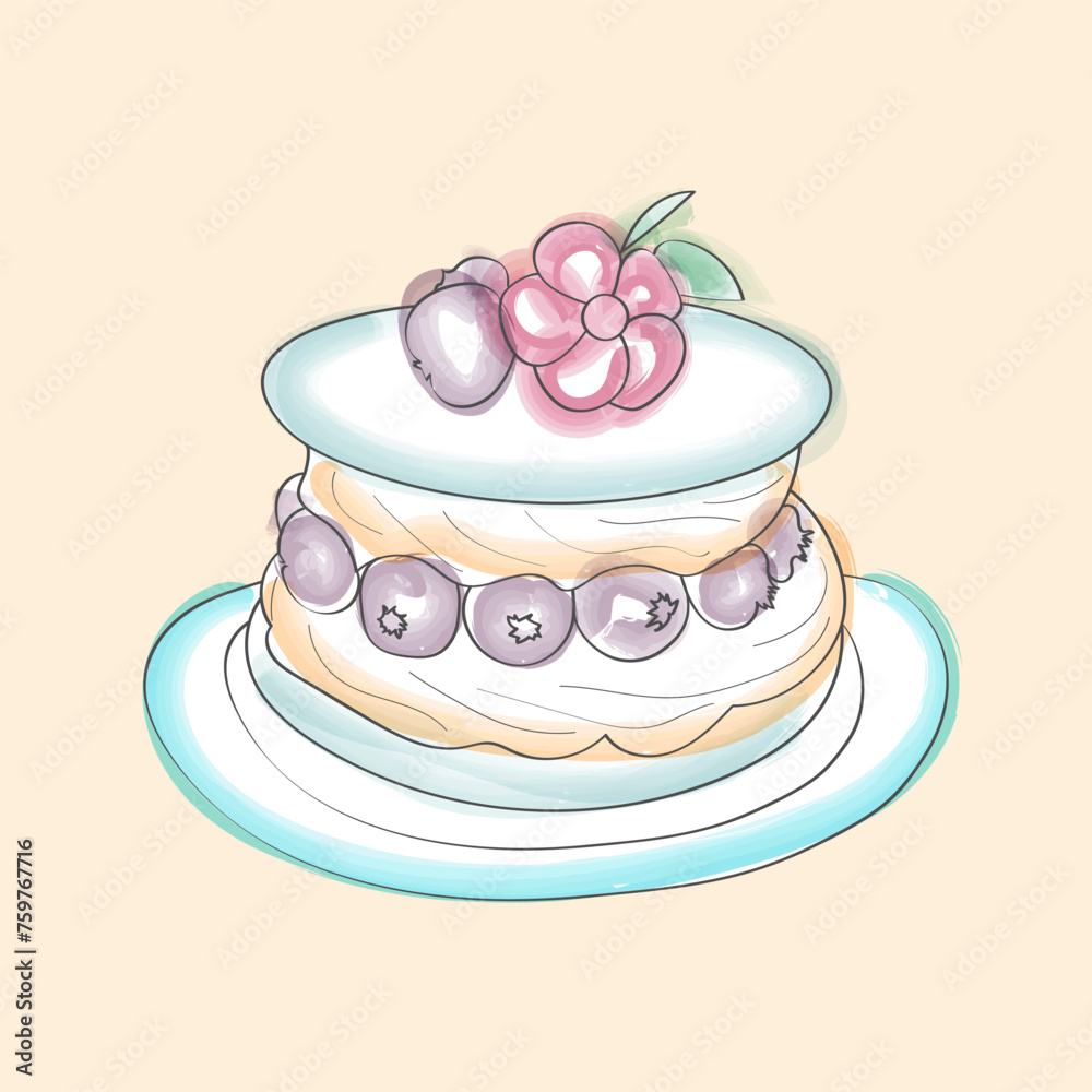 A hand-painted watercolor drawing of a three-layer cake topped with fresh berries. The berries add a pop of color and freshness to the delicious-looking dessert A hand-painted watercolor drawing of a three-layer cake topped with fresh berries. The berries add a pop of color and freshness to the delicious-looking dessert