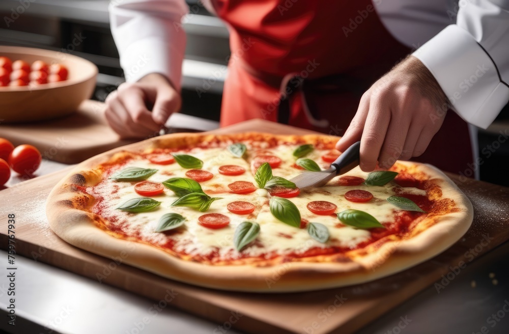 Close-up of hands. A chef cuts a pizza with tomatoes, basil and cheese in an Italian restaurant Close-up of hands. A chef cuts a pizza with tomatoes, basil and cheese in an Italian restaurant