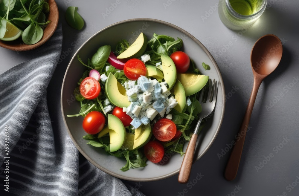 Top view of salad with greens, tomatoes, avocado and cheese in a gray plate Top view of salad with greens, tomatoes, avocado and cheese in a gray plate