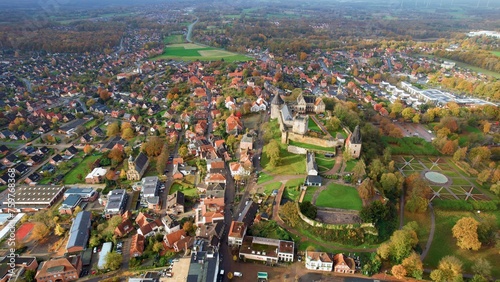 Aerial view of the old town and castle Bad Bentheim in Germany on a cloudy noon in autumn 