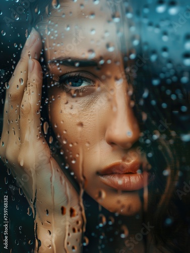 Beautiful young woman behind a wet window at a rainy day. Waterpdrops on the window. The woman is sad. 
