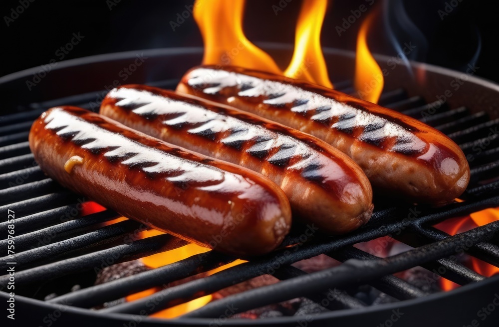 Juicy large sausages are grilled with fire and smoke in nature, close-up