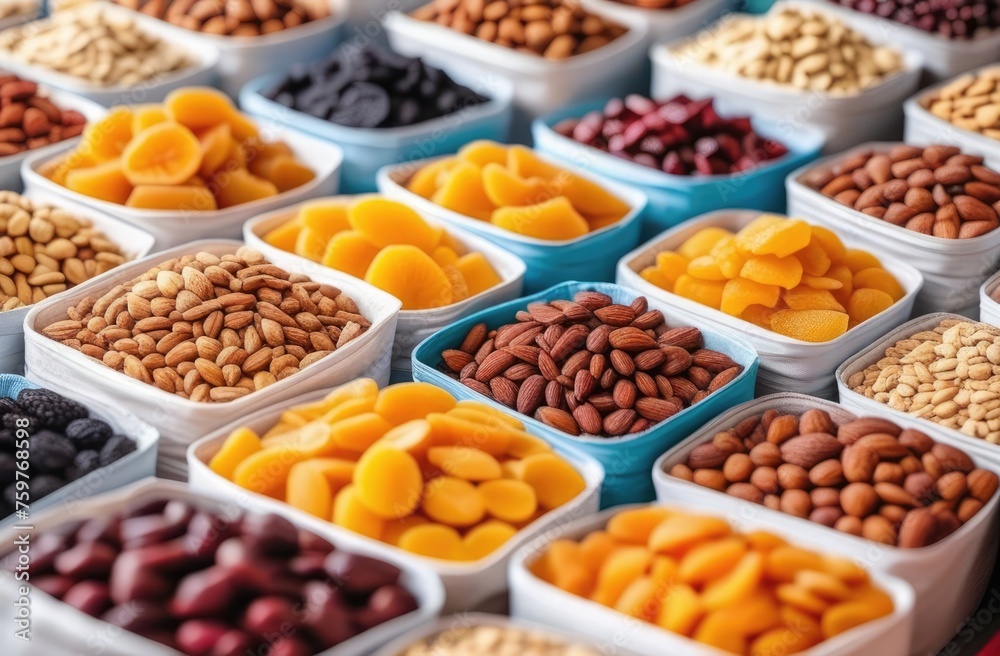 Nuts and dried fruits in containers are sold at the market, close-up Nuts and dried fruits in containers are sold at the market, close-up