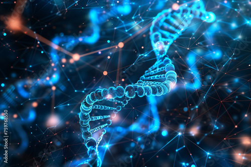A 3D digital illustration of a DNA double helix structure with a network of connecting lines and dots, symbolizing biotechnology and genetics research.