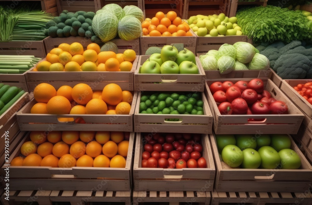 Various fresh fruits, vegetables and herbs in containers on store shelves. Shop and healthy food concept.